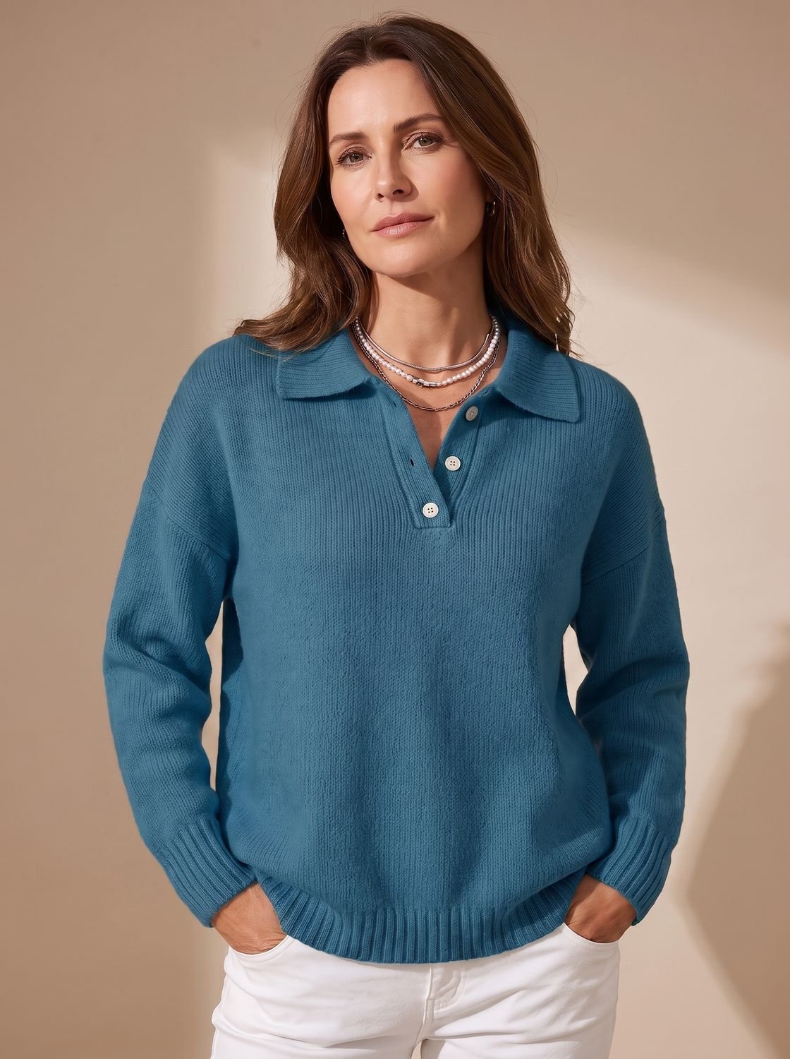 Flurina | Damen Langarm Strick Polo-Pullover mit Knopfleiste