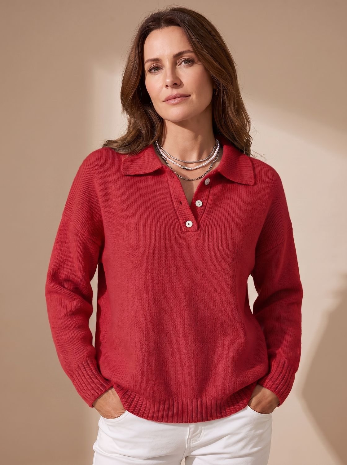 Flurina | Damen Langarm Strick Polo-Pullover mit Knopfleiste