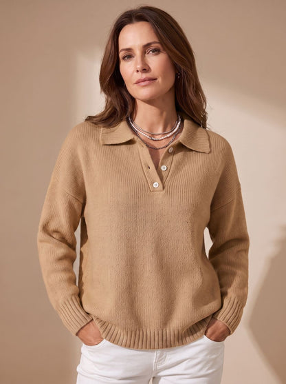 Flurina | Damen Langarm Strick Polo-Pullover mit Knopfleiste