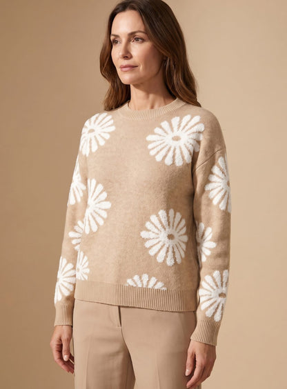 Ronja | Damen Strickpullover mit Blumenmuster und Rundhals
