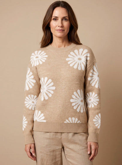 Ronja | Damen Strickpullover mit Blumenmuster und Rundhals
