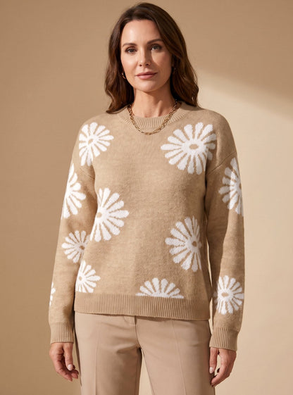 Ronja | Damen Strickpullover mit Blumenmuster und Rundhals