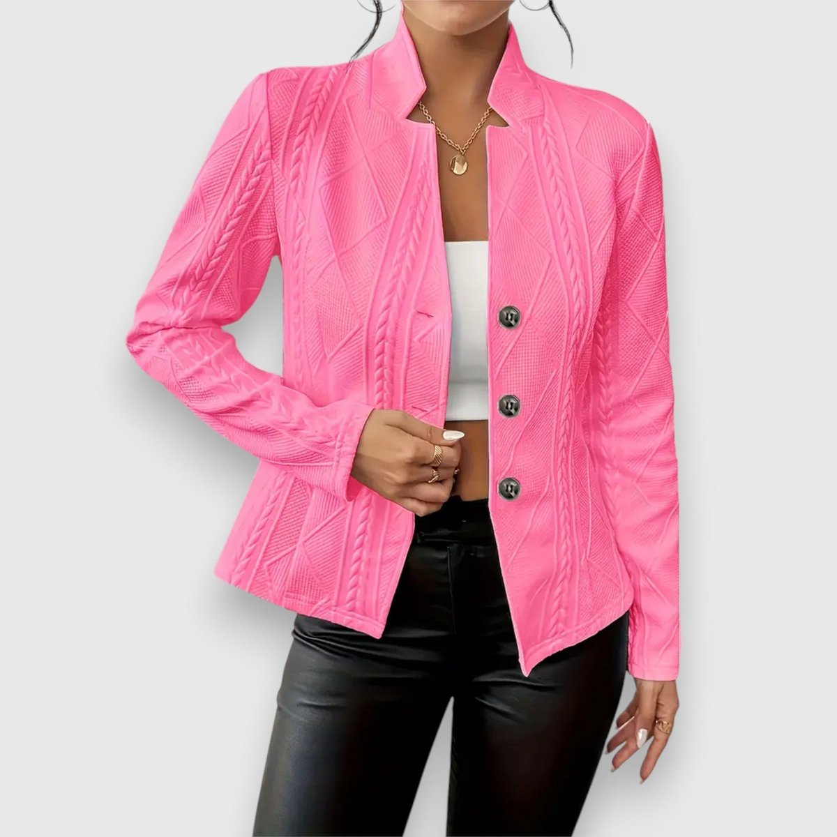 Margaux | Damen Strickjacke mit Stehkragen und Kabelstrickmuster