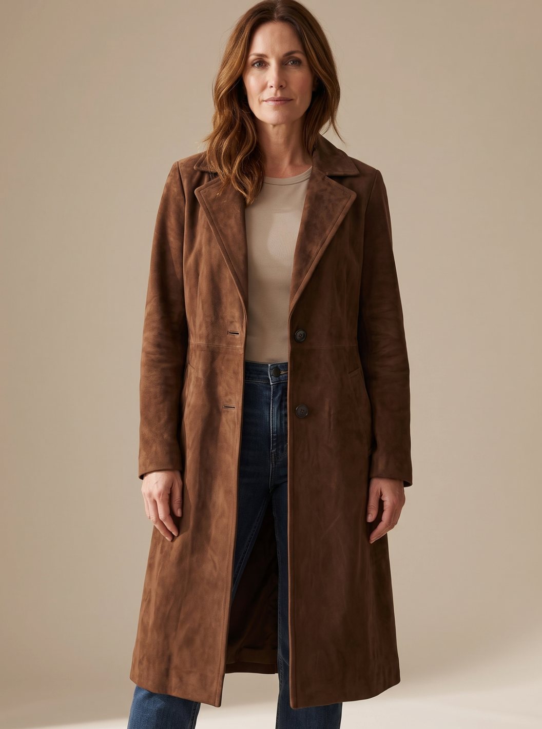Anja | Damen Vintage Trenchcoat in Wildleder-Optik