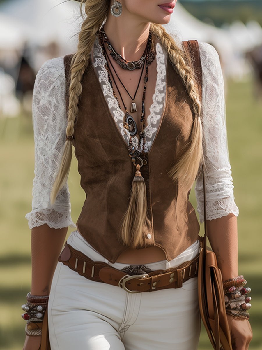 Marisa | Damen Western Spitzenbluse mit V-Ausschnitt und Langarm