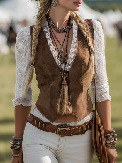 Marisa | Damen Western Spitzenbluse mit V-Ausschnitt und Langarm