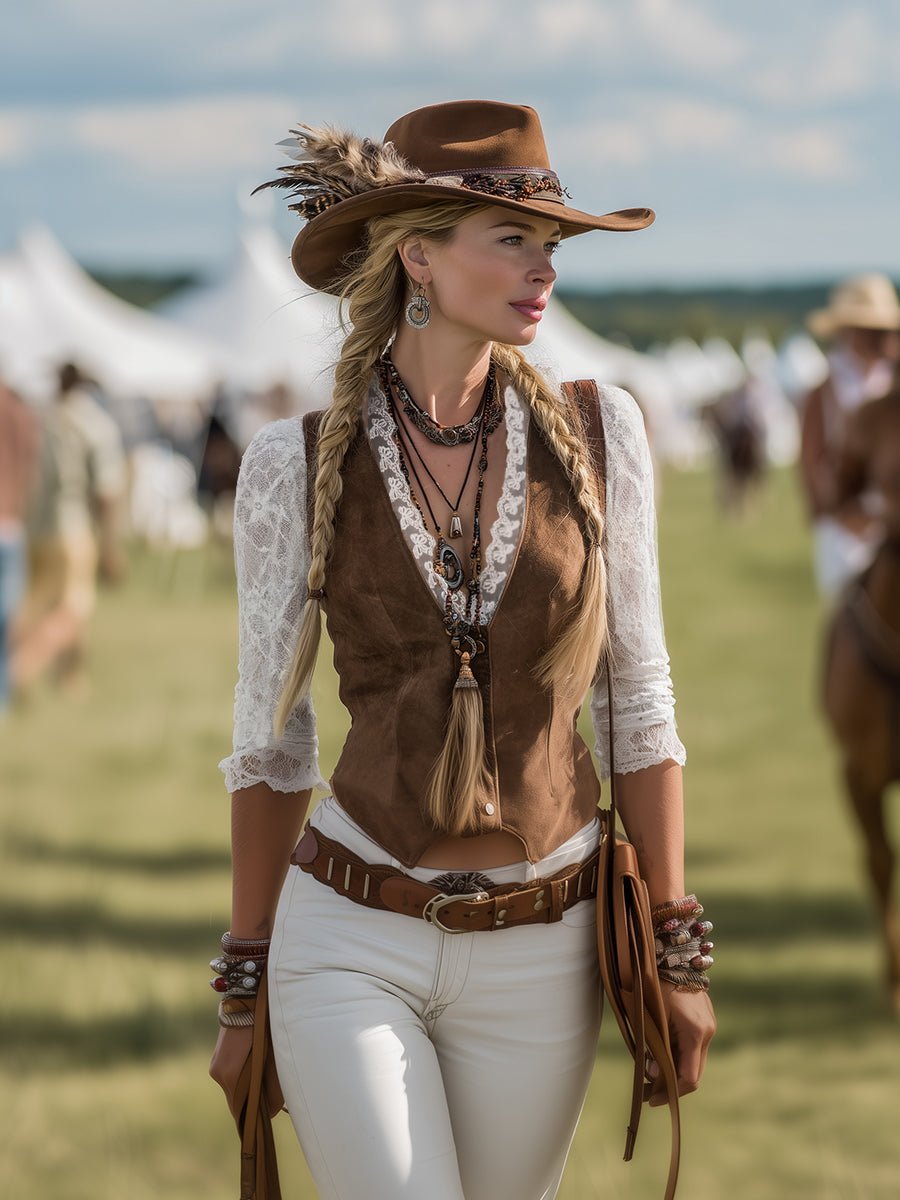 Marisa | Damen Western Spitzenbluse mit V-Ausschnitt und Langarm