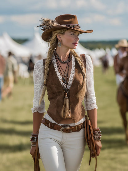 Marisa | Damen Western Spitzenbluse mit V-Ausschnitt und Langarm