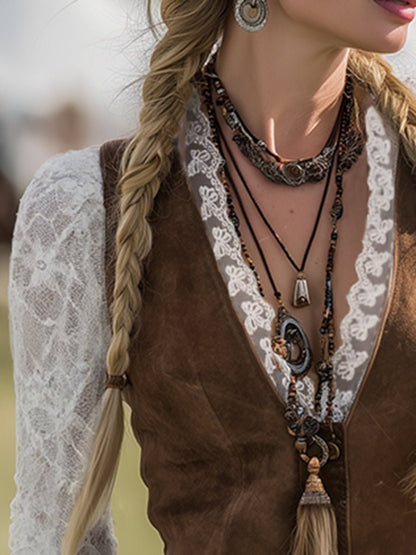 Marisa | Damen Western Spitzenbluse mit V-Ausschnitt und Langarm