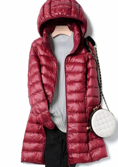 Emma | Damen leichte lange Steppjacke mit abnehmbarer Kapuze