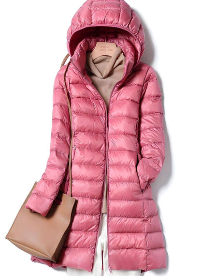Emma | Damen leichte lange Steppjacke mit abnehmbarer Kapuze
