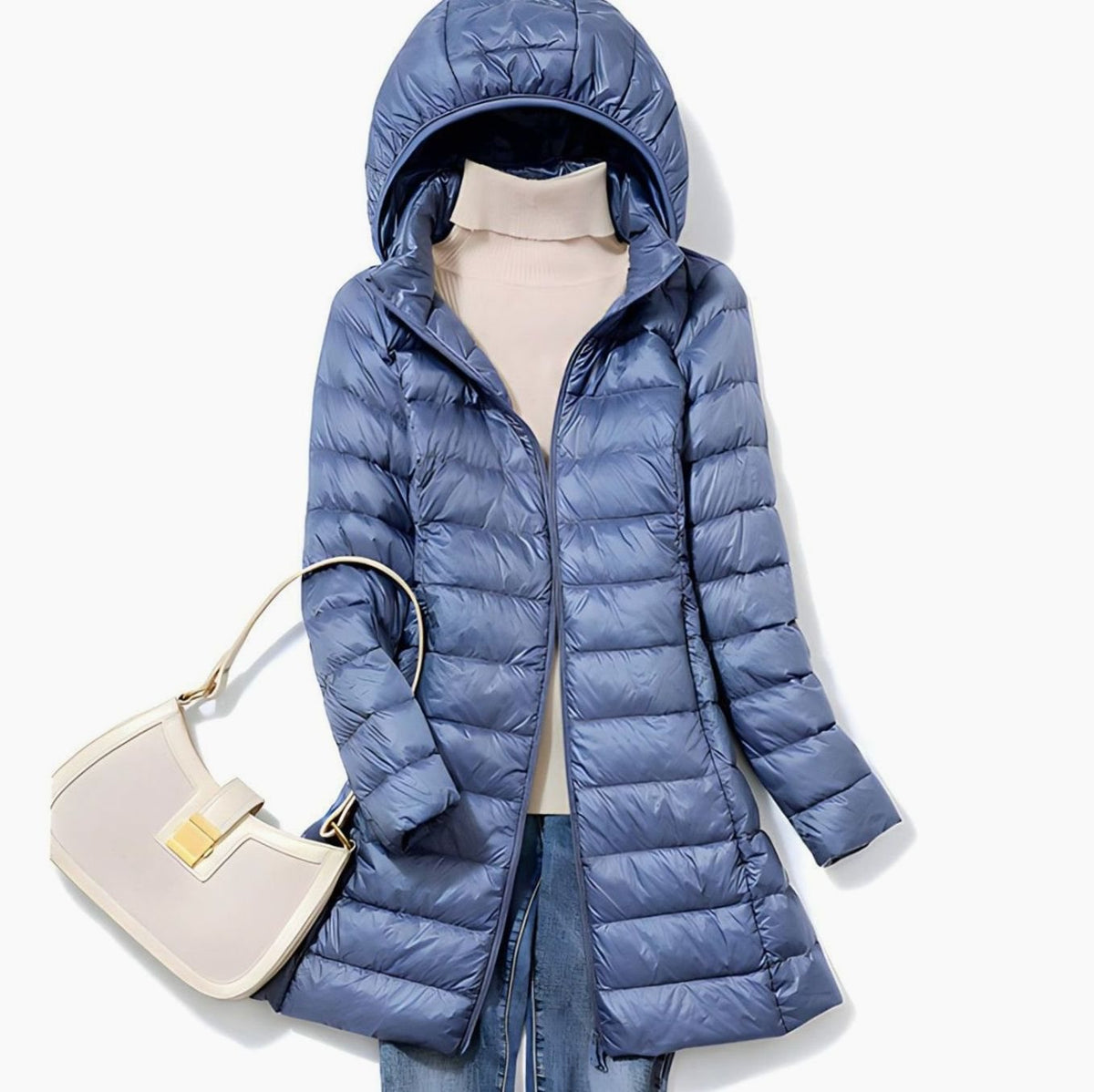 Emma | Damen leichte lange Steppjacke mit abnehmbarer Kapuze