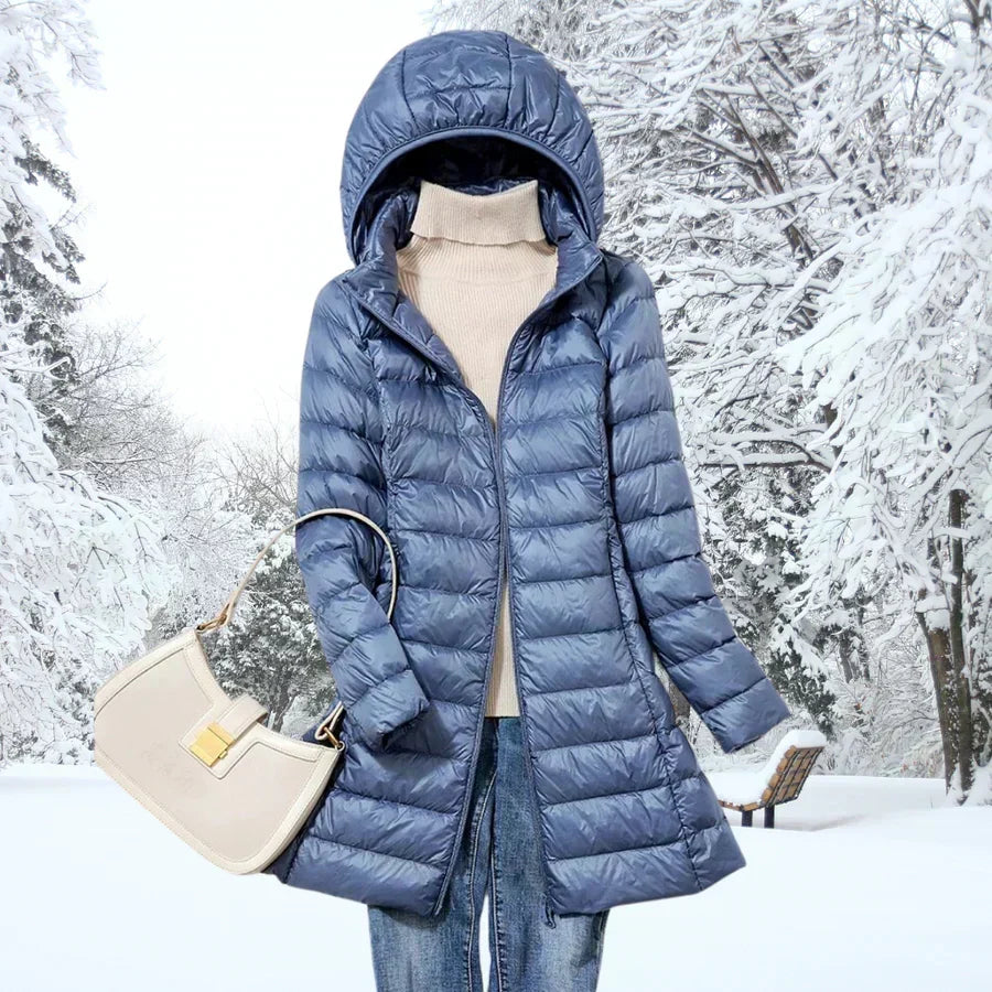 Malia | Damen mittellange Puffer-Jacke mit Kapuze
