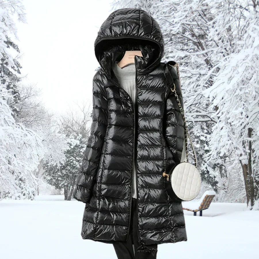 Malia | Damen mittellange Puffer-Jacke mit Kapuze