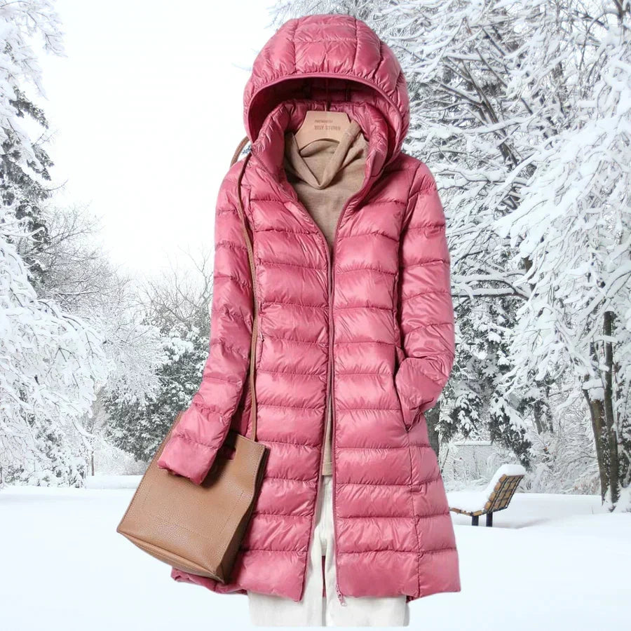 Malia | Damen mittellange Puffer-Jacke mit Kapuze