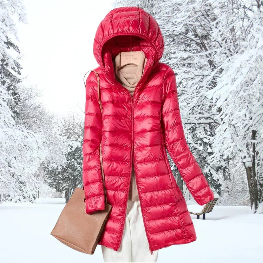 Malia | Damen mittellange Puffer-Jacke mit Kapuze