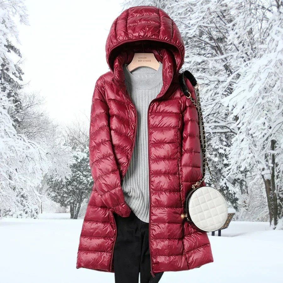 Malia | Damen mittellange Puffer-Jacke mit Kapuze