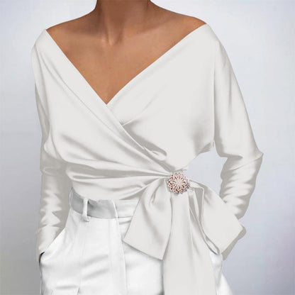 Wanda | Women's wrap blouse with off-the-shoulder neckline and long sleeves | Luxurious