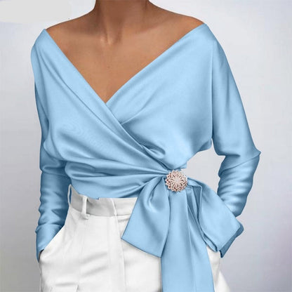 Wanda | Women's wrap blouse with off-the-shoulder neckline and long sleeves | Luxurious