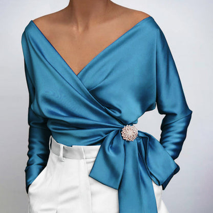 Wanda | Women's wrap blouse with off-the-shoulder neckline and long sleeves | Luxurious