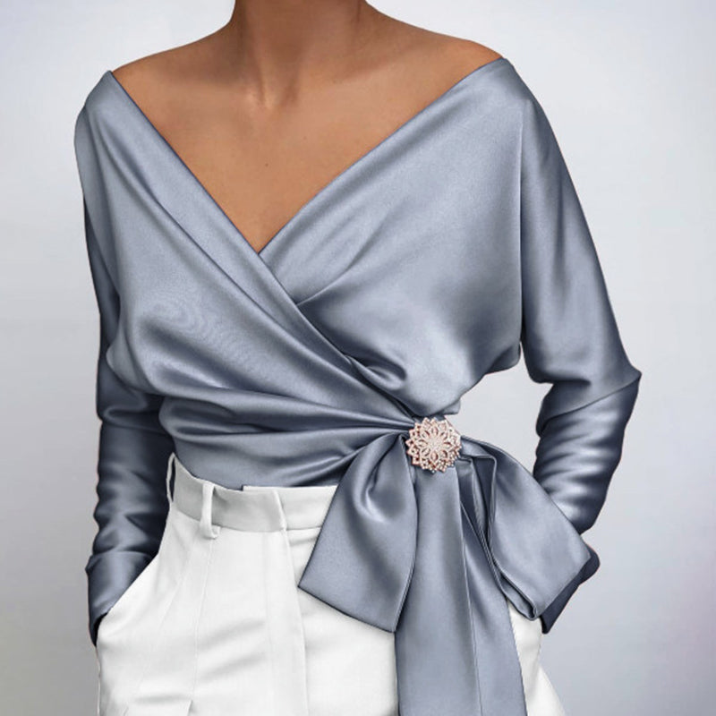 Wanda | Women's wrap blouse with off-the-shoulder neckline and long sleeves | Luxurious