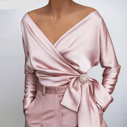 Wanda | Women's wrap blouse with off-the-shoulder neckline and long sleeves | Luxurious