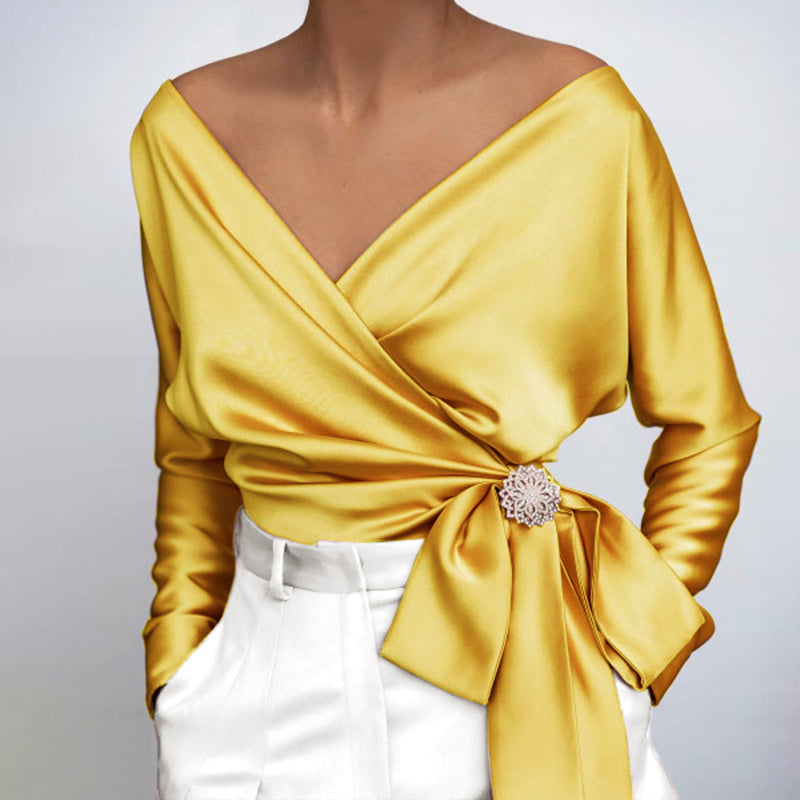 Wanda | Women's wrap blouse with off-the-shoulder neckline and long sleeves | Luxurious