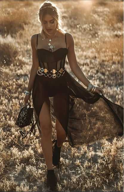 Estelle | Maxikleid mit Spaghettiträgern und Taillengürtel