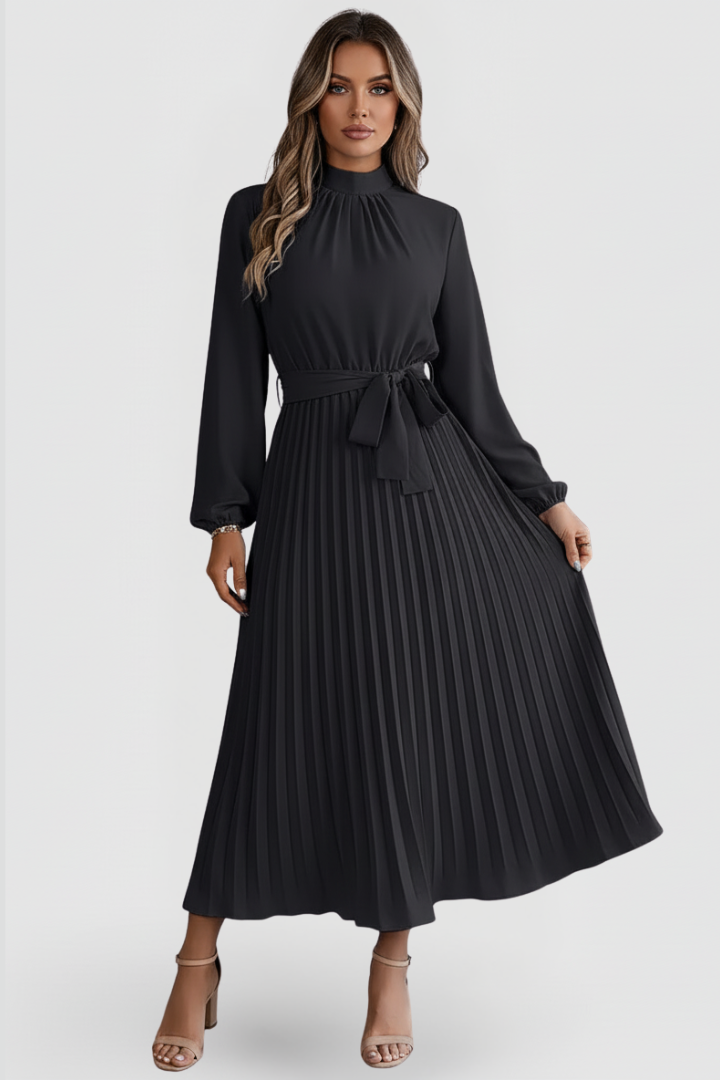 Denise | Damen Midikleid mit Stehkragen und Plisseerock