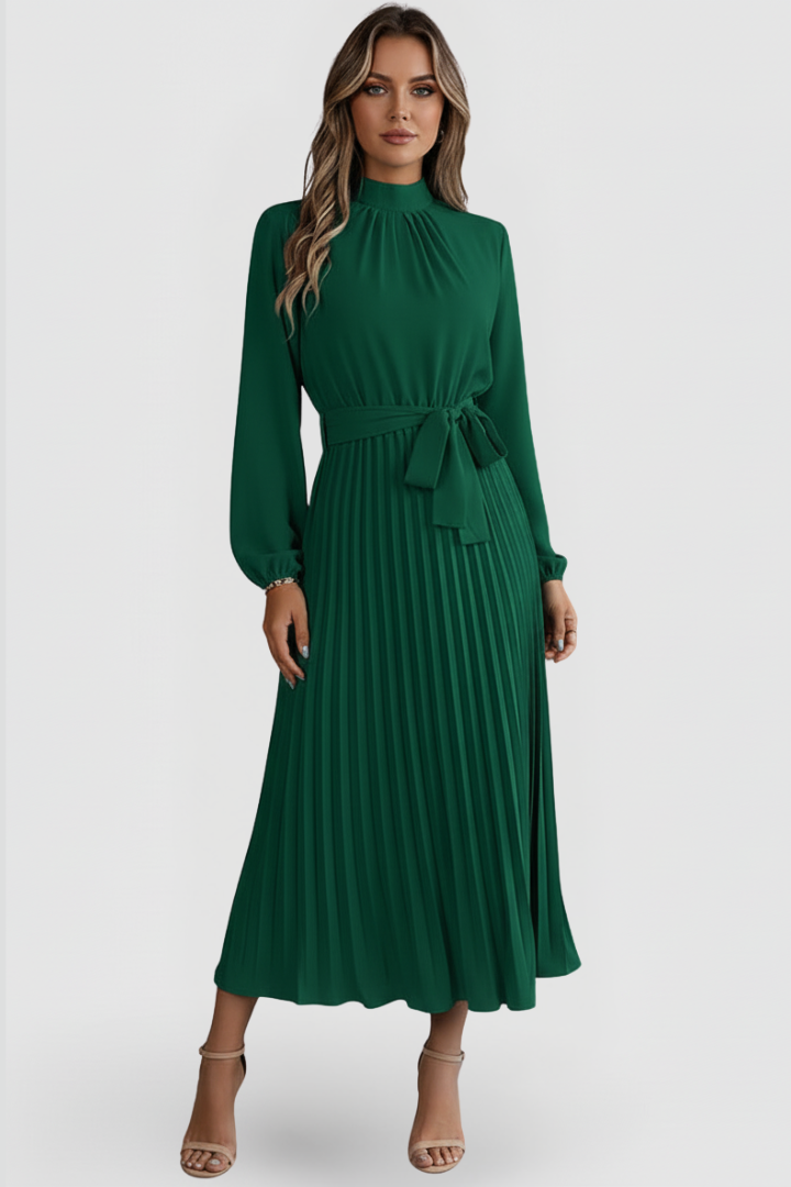 Denise | Damen Midikleid mit Stehkragen und Plisseerock