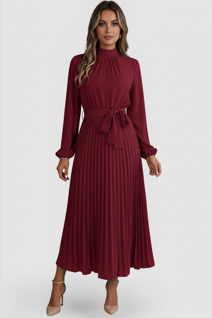 Denise | Damen Midikleid mit Stehkragen und Plisseerock