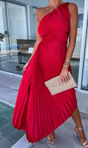 Lirena | Damen Maxikleid mit One Shoulder Design und plissiertem Schnitt