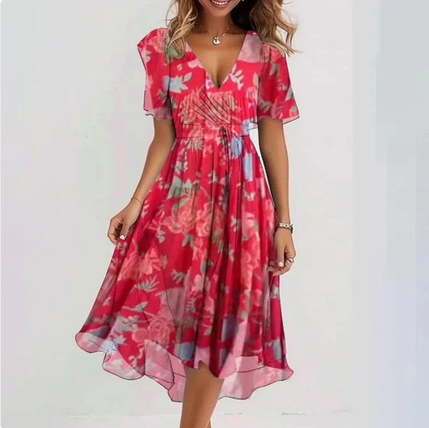 Ilona | Sommer-Midikleid mit V-Ausschnitt und kurzen Ärmeln | Midi