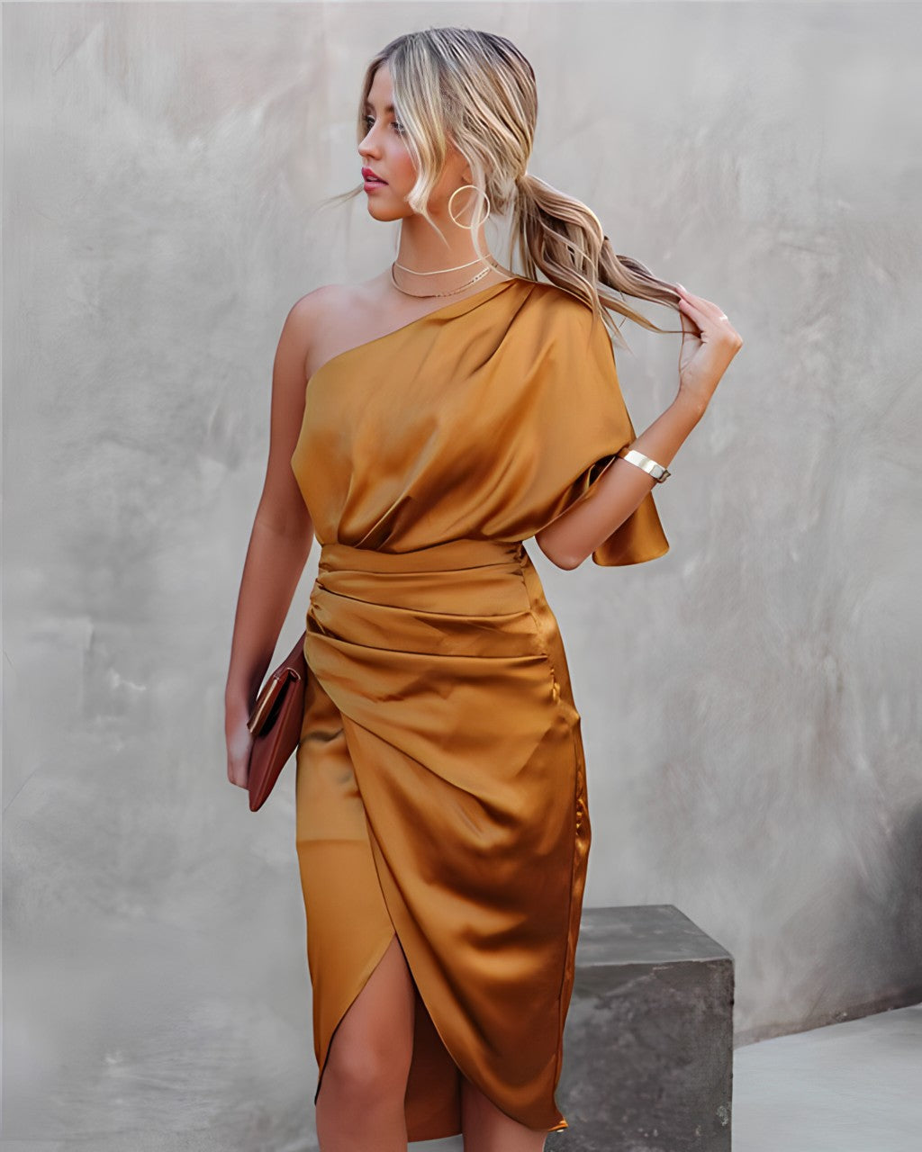 Elfrida | Damen-Midikleid im One-Shoulder-Design mit Schlitz | Wickeloptik
