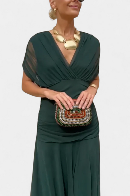 Janika | Damen Schulterkleid mit Drapierung & Lagen | Maxi