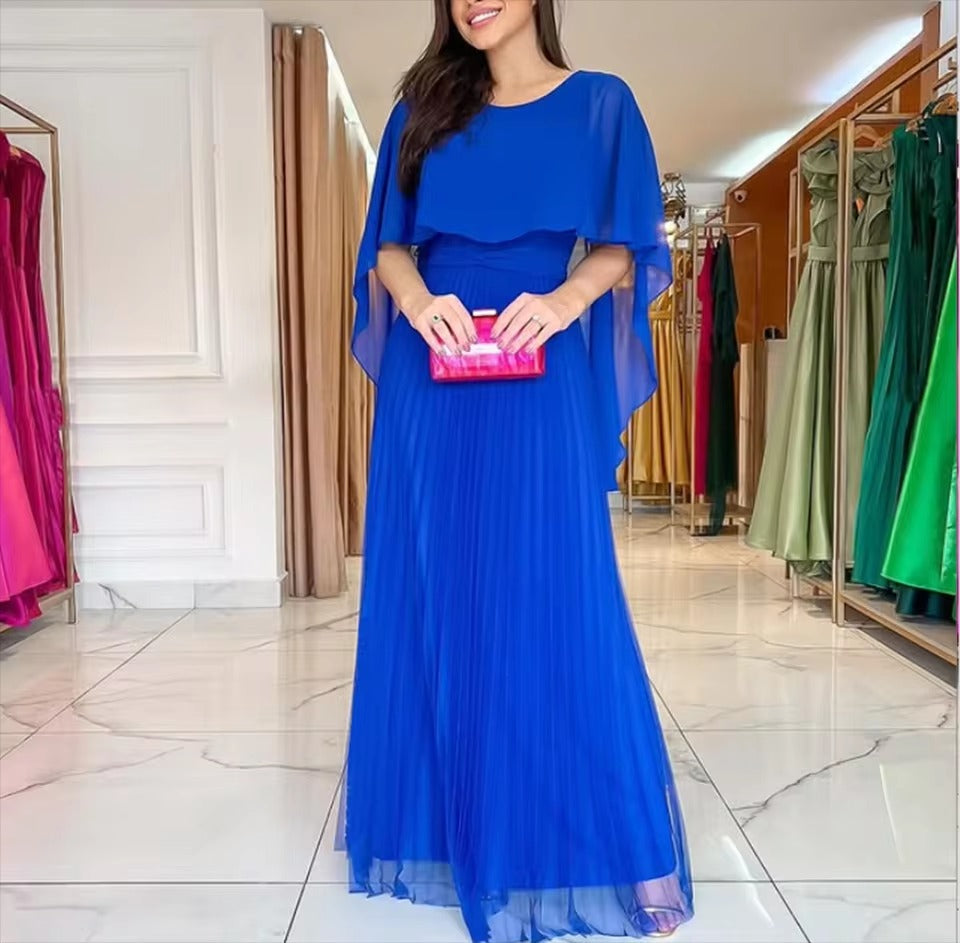 Rosalba | Damen-Maxikleid mit plissiertem Rock und Cape-Ärmeln