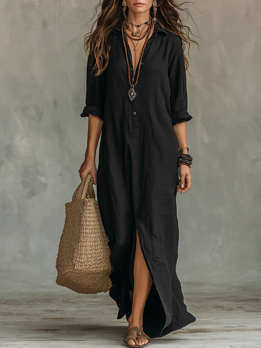 Klara | Damen Maxikleid mit Knopfleiste und langen Ärmeln