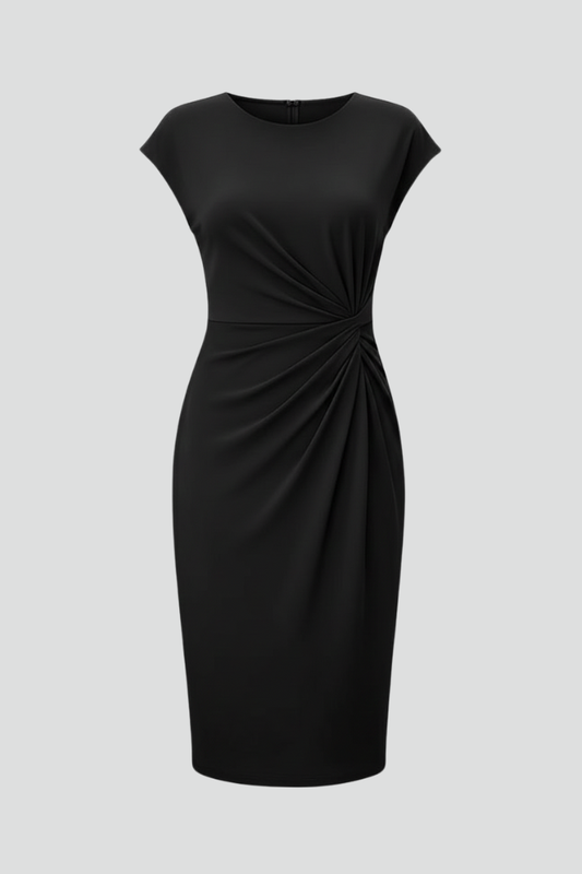 Elif | Women's Midi Dress with Ruched Waist and Round Neckline