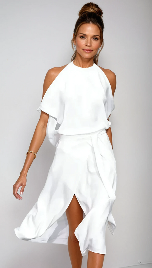 Brunhilda | Women's midi dress with halter neck & slit