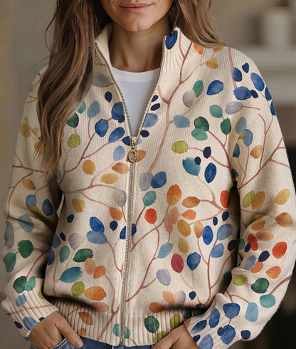 Franziska | Damen Strickjacke mit Reißverschluss und Pflanzenmuster