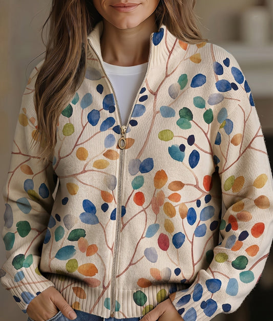 Franziska | Damen Strickjacke mit Reißverschluss und Pflanzenmuster