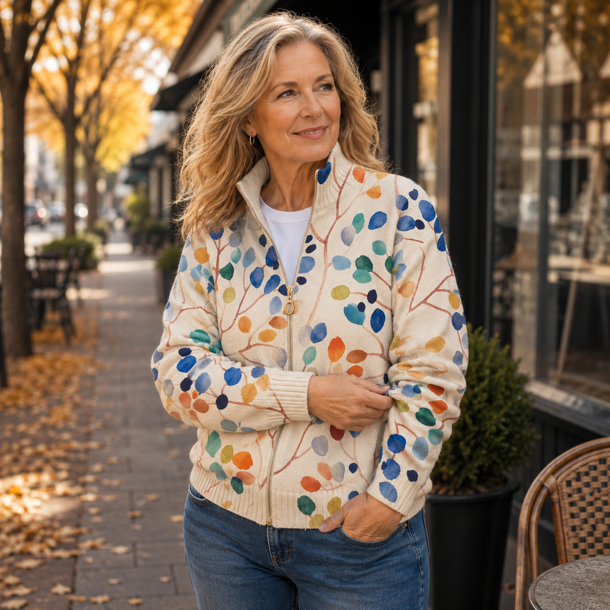Franziska | Damen Strickjacke mit Reißverschluss und Pflanzenmuster