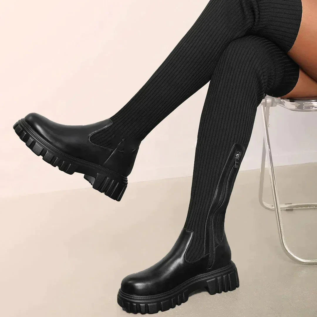 Karin | Damen trendige stilvolle kniehohe Stiefel mit Reißverschluss