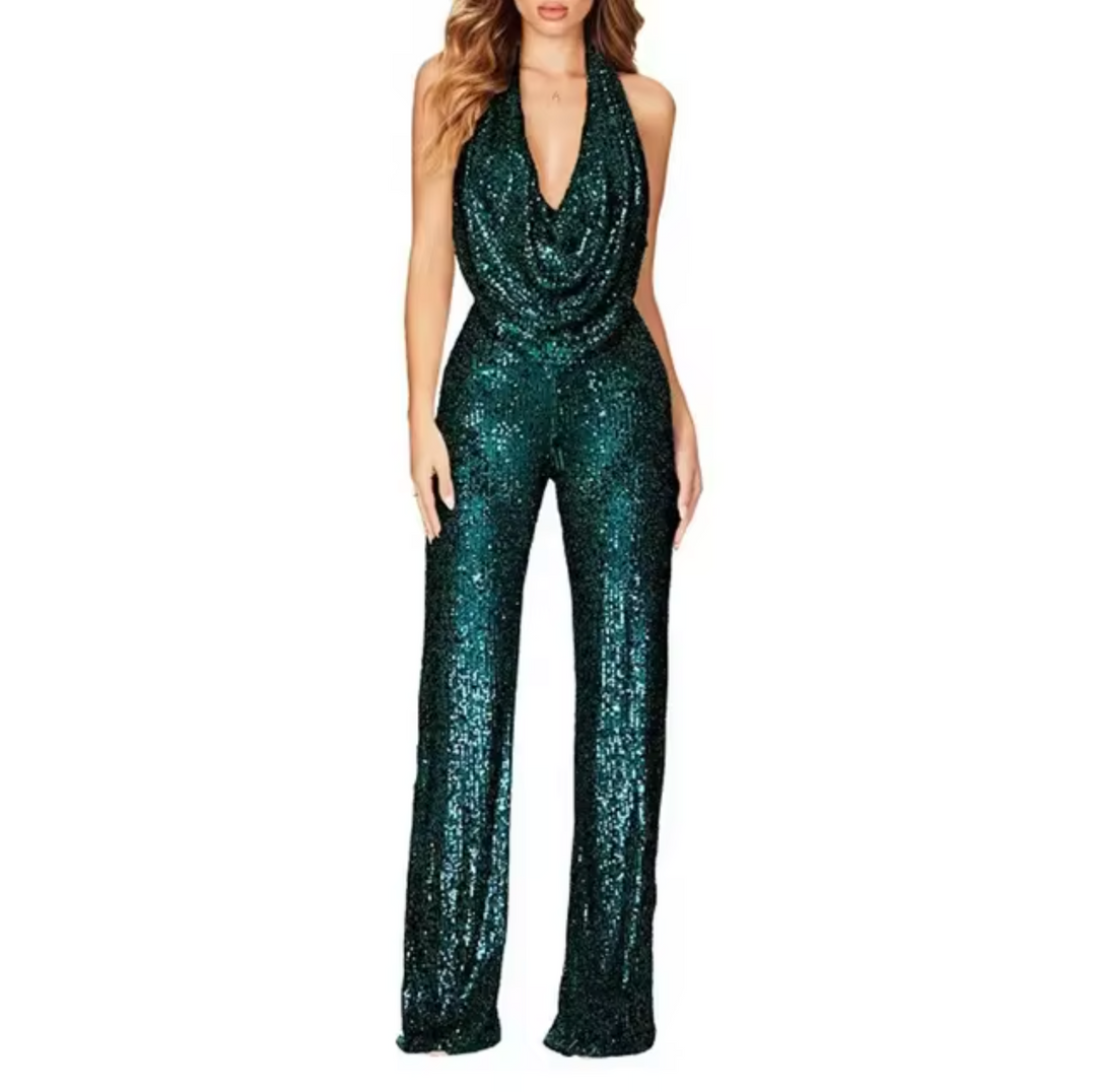 Hanna | Modern women's sequin jumpsuit with halter neck