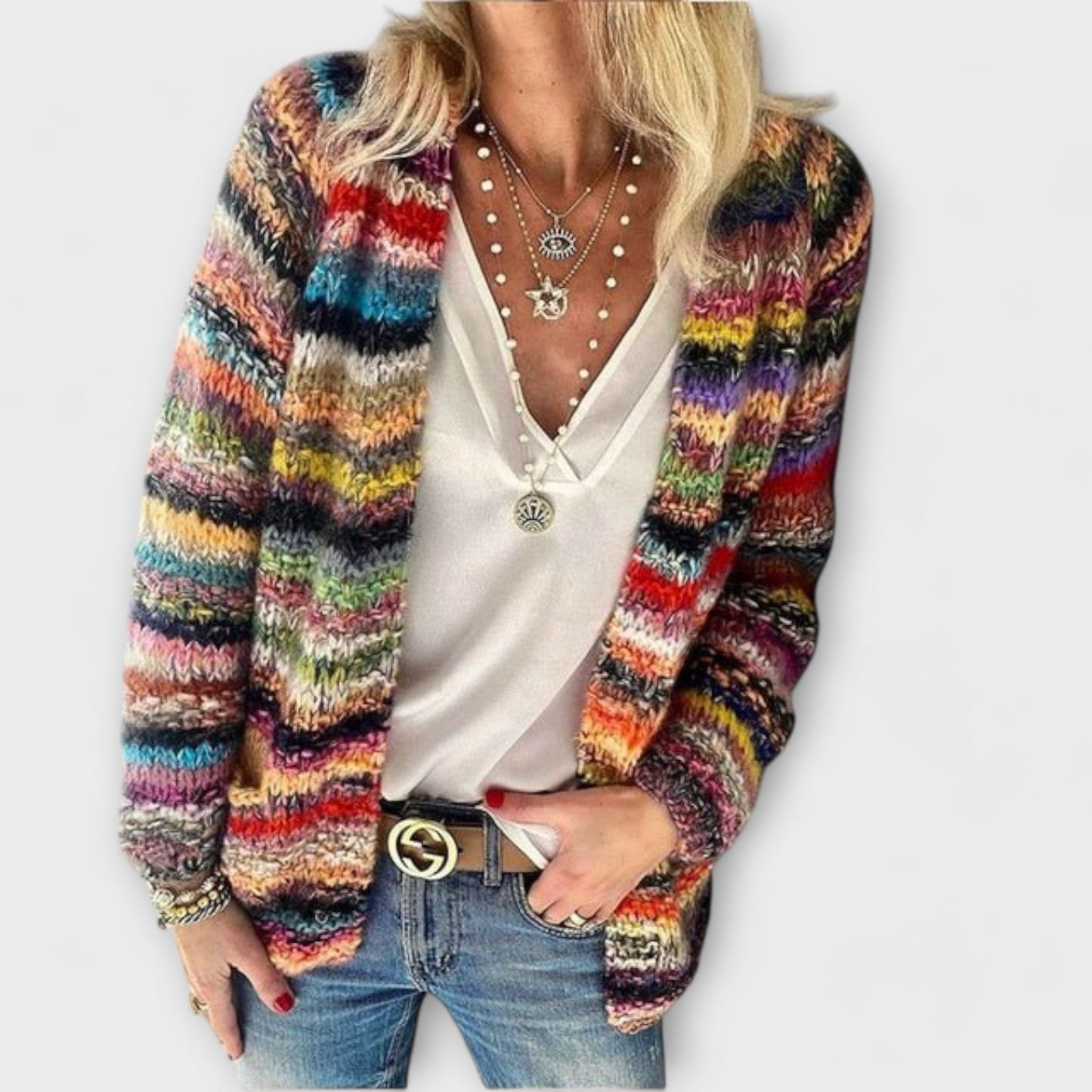 Corinne | Damen mehrfarbige offene Strickjacke