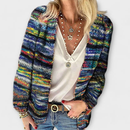Corinne | Damen mehrfarbige offene Strickjacke