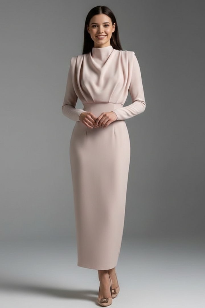Carina | Damen Maxikleid mit Stehkragen und Langarm