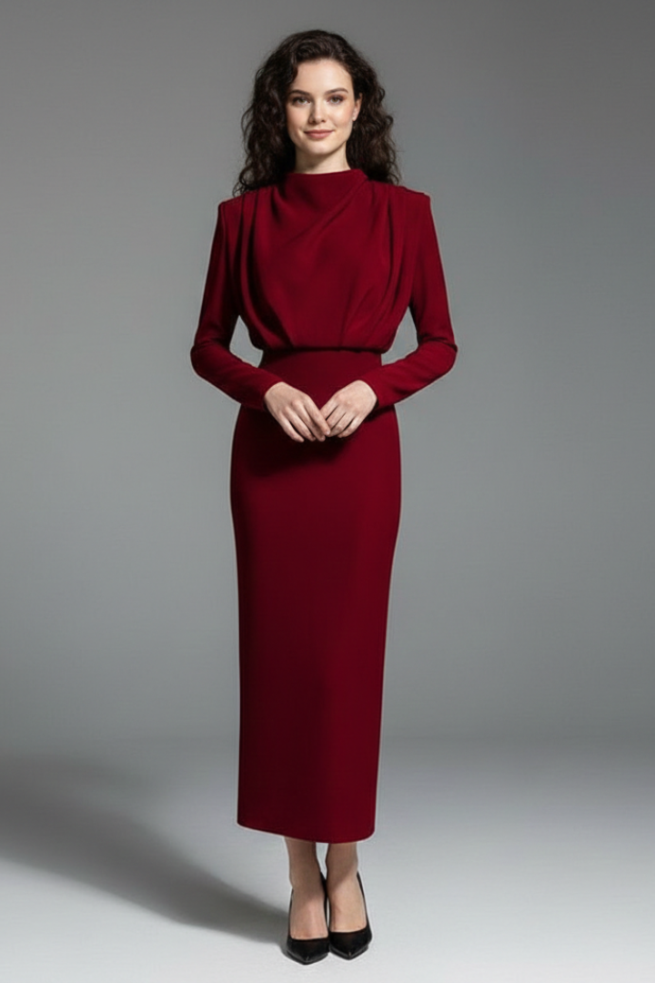 Carina | Damen Maxikleid mit Stehkragen und Langarm