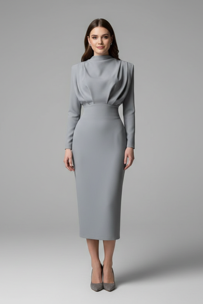 Carina | Damen Maxikleid mit Stehkragen und Langarm