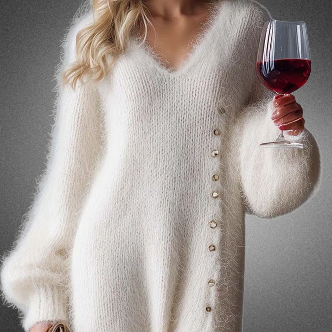 Nayla | Damen Strick-Pulloverkleid mit seitlichem Schlitz und Knöpfen